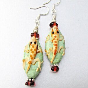 Artisan LIZARD Art Glass & Amber Sterling Silver Dangle Handmade Earrings